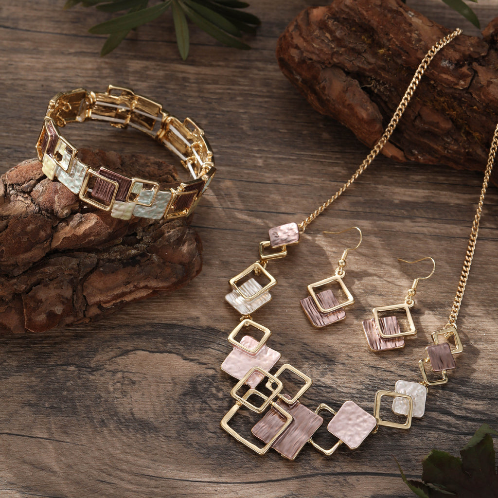 Couleur Peinture huile géométrique carré oreille Studs bracelet et collier