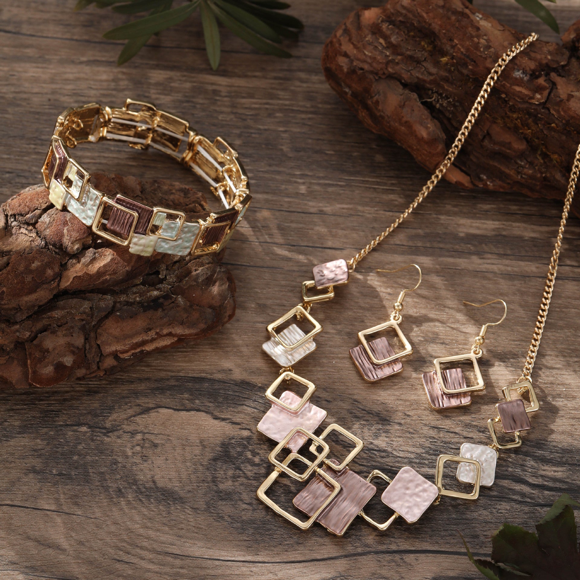 Couleur Peinture huile géométrique carré oreille Studs bracelet et collier