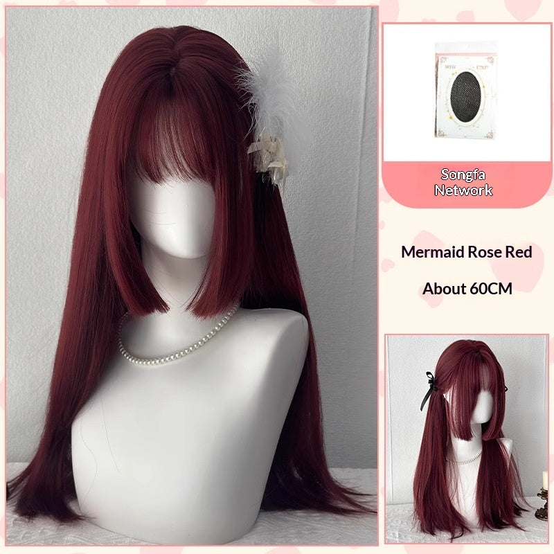 Rouge Perruque Femme Long cheveux naturel pleine tête Cap Style japonais