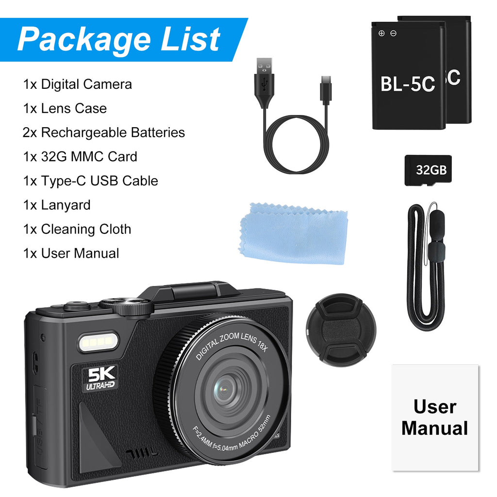 1Pc 5K 75MP Caméra numérique pour la photographie Anti Shake WiFi Vlogging Caméra vidéo avec 9 Sh