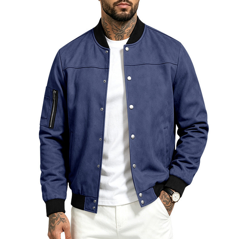 Homme Suede-Blend Casual Sportif Stand-Neck Veste avec boutons