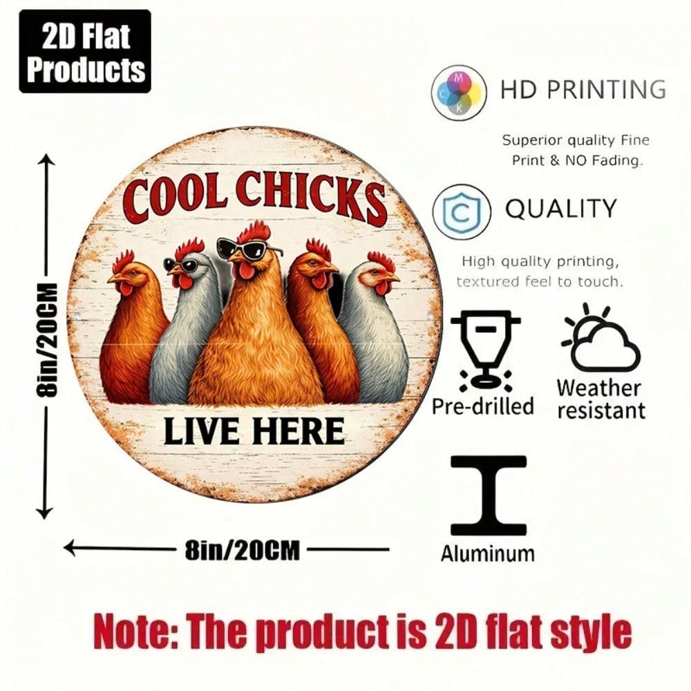 8x8in Retro Cool Chicken Round Sign Funny Farmhouse Bar Decor