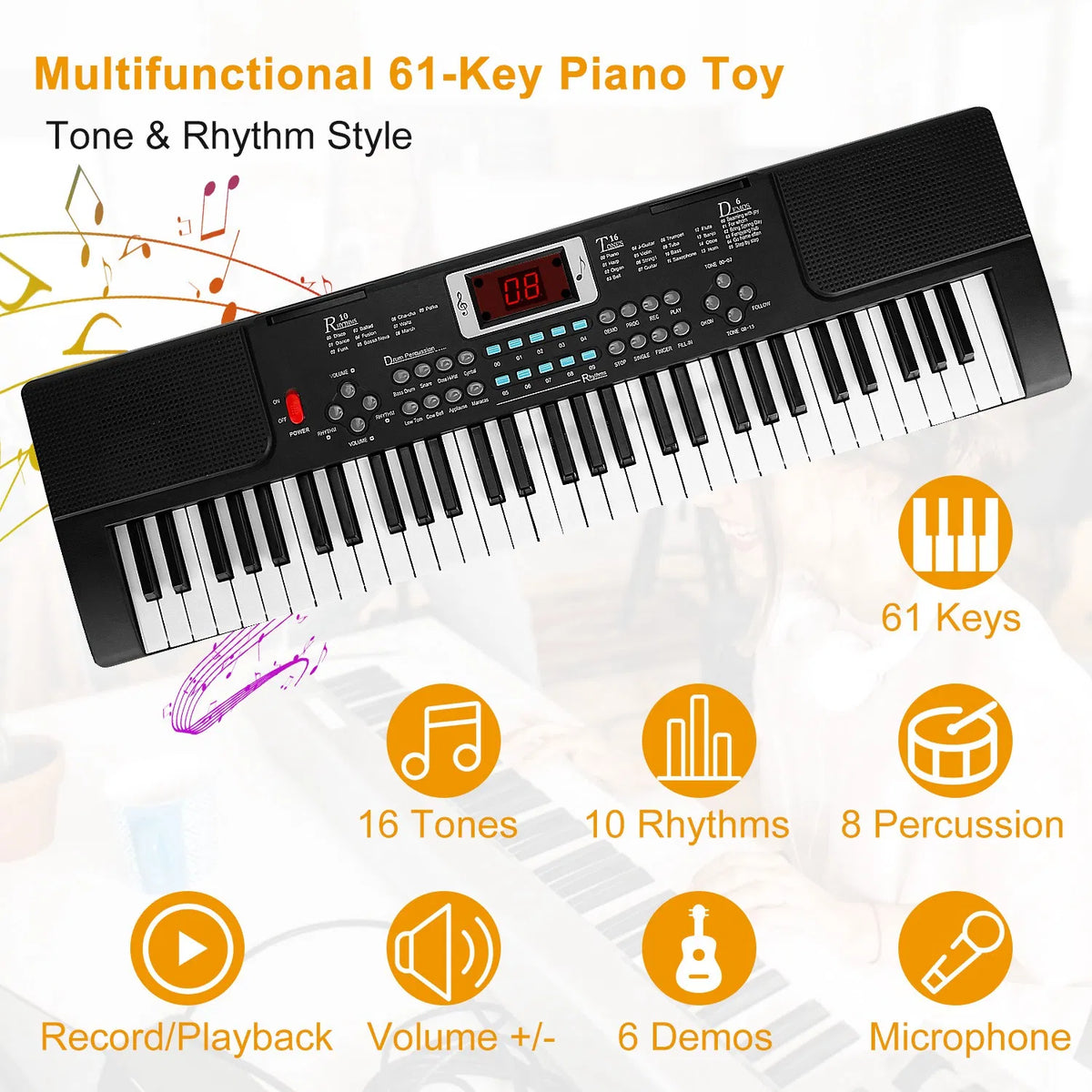 Jouet de piano pour enfants multifonctionnel 61 - clavier électronique avec 16 tons