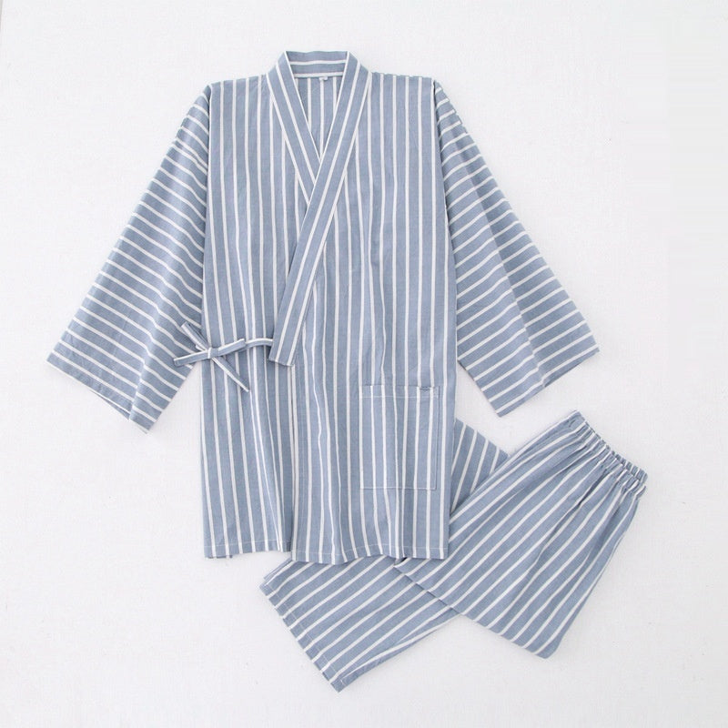 Coton Lavé Pyjama costume mince rayé hommes et femmes japonais couple Kimono pantalons