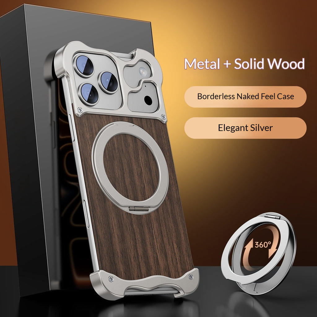 One-piece Shell with Rotating Solid Wood and Metal Magnetic Phone Case