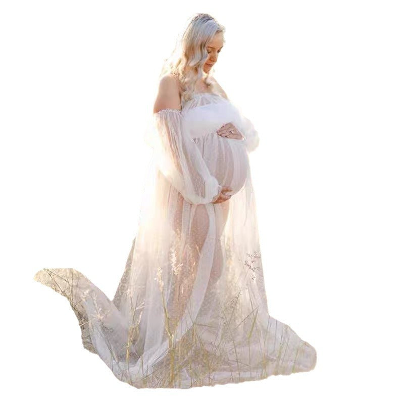 Dot Mesh Hors-épaule Puff Sleeve Femmes enceintes Robe de mapping