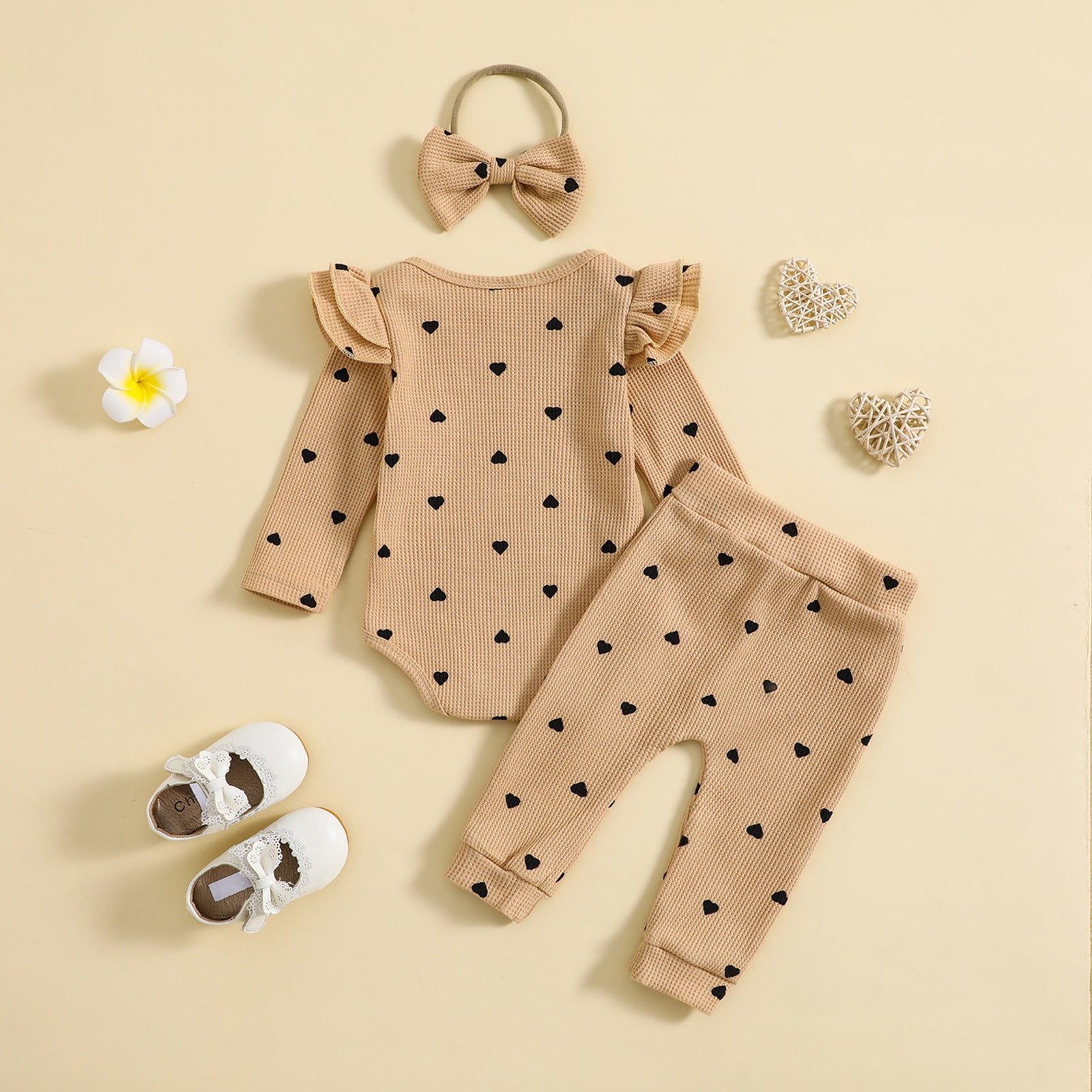 Printemps et automne Suit Heart Printing Waffle Sweat à manches longues Pantalon Pantalon Bande de cheveux Trois