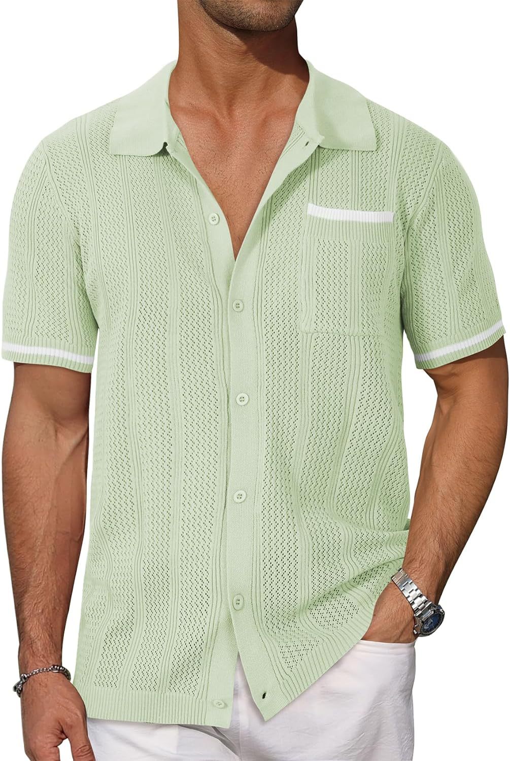 Chemise à manches courtes Poche Hollow Respirant Cool Summer Veste Casual Homme Cardigan