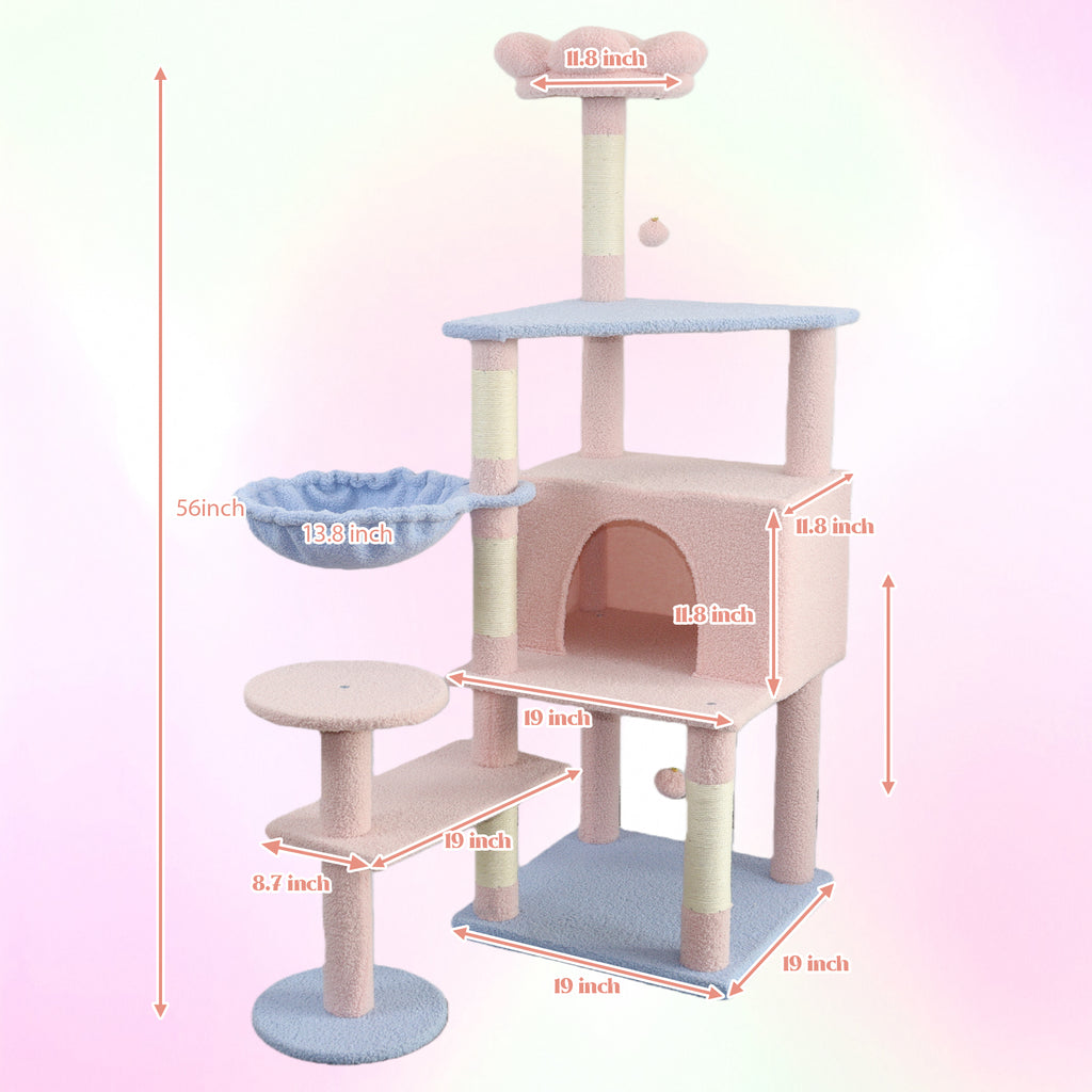 Arbre de chat fleur avec grand condo coussin de fleur amovible et hamac rose