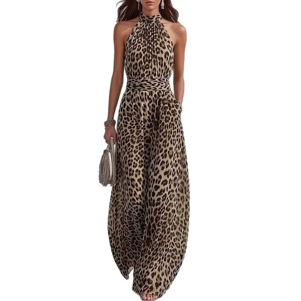 Femmes Casual Leopard-print Coupe longue sans manches col haltère