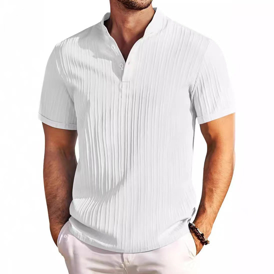 Homme Cotton-lin Jacquard Solide-couleur Casual Loose-fit Chemise manches courtes