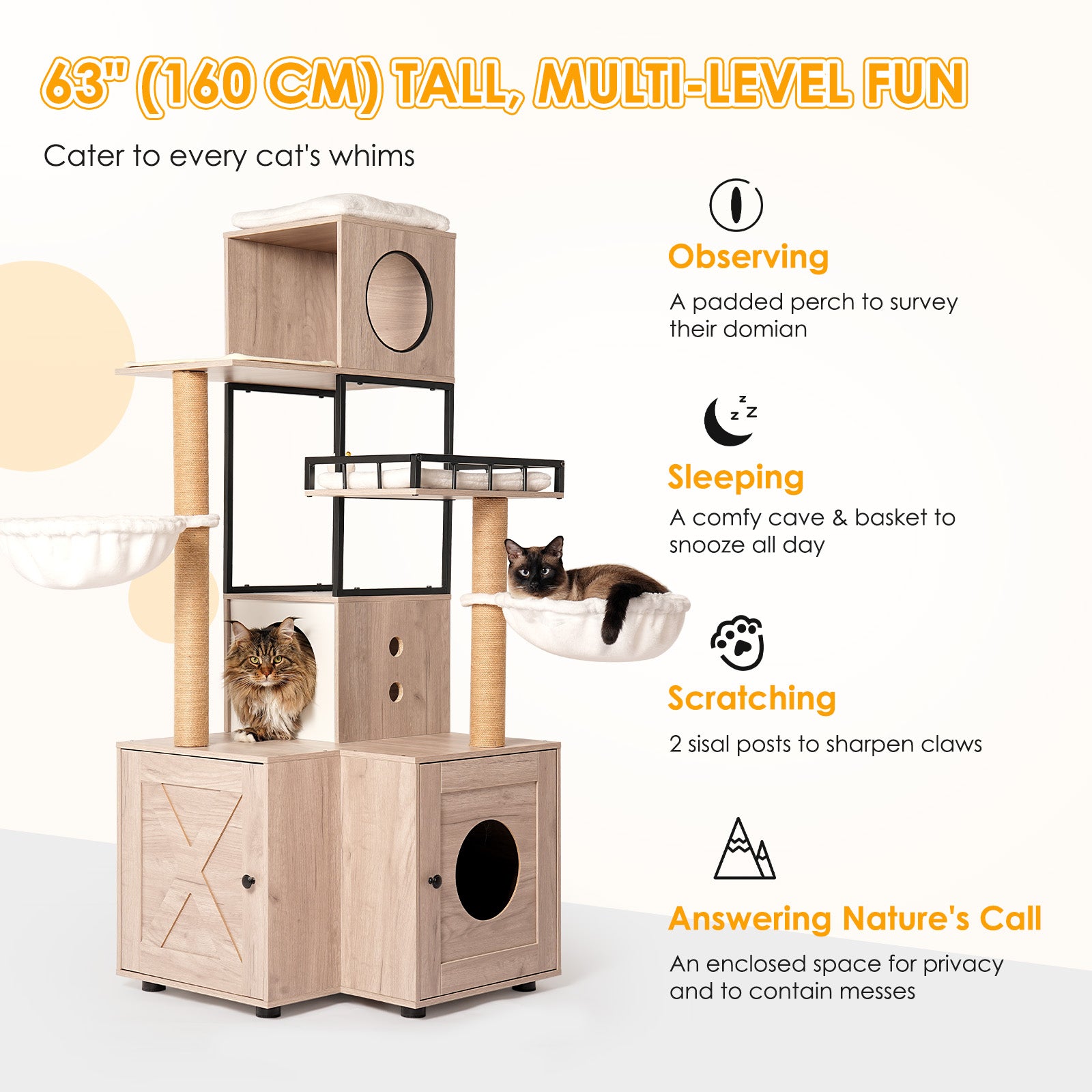 Arbre à chat multifonctionnel de 63" avec boîte à litière - Comprend un coussin lavable amovible