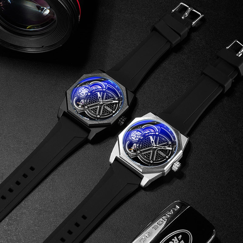 Montre homme Squelette en forme de tonneau Montre Quartz à double mouvement