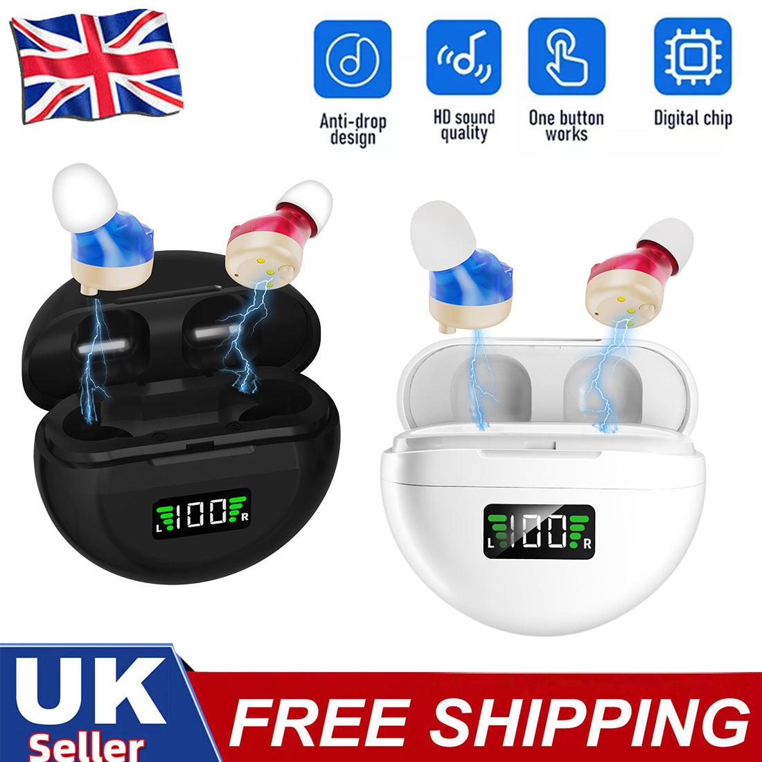 1Aids auditifs numériques rechargeables Pair In-Ear Invisible Sound Voice Amplificateur UK