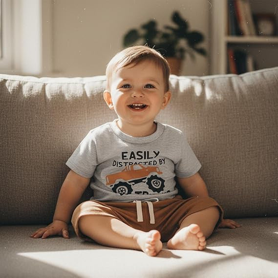Baby Car Print Short-Sleeve Solid Color Shorts Casual Set