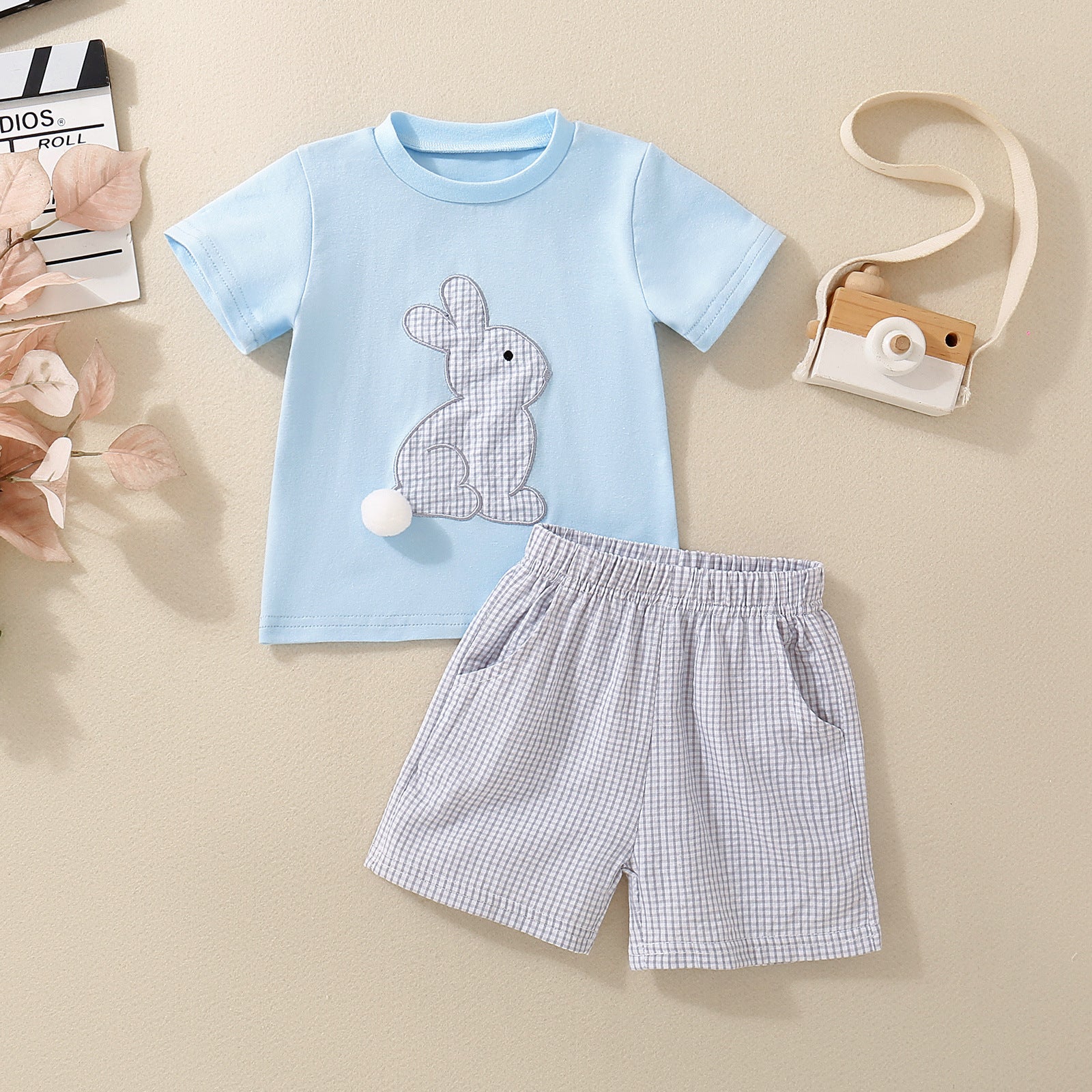 Bébé et tout-petit bleu manches courtes Lapin-Imprimé Top et ensemble de shorts