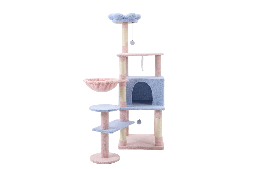 Arbre de chat fleur avec grand condo coussin de fleur amovible et hamac bleu
