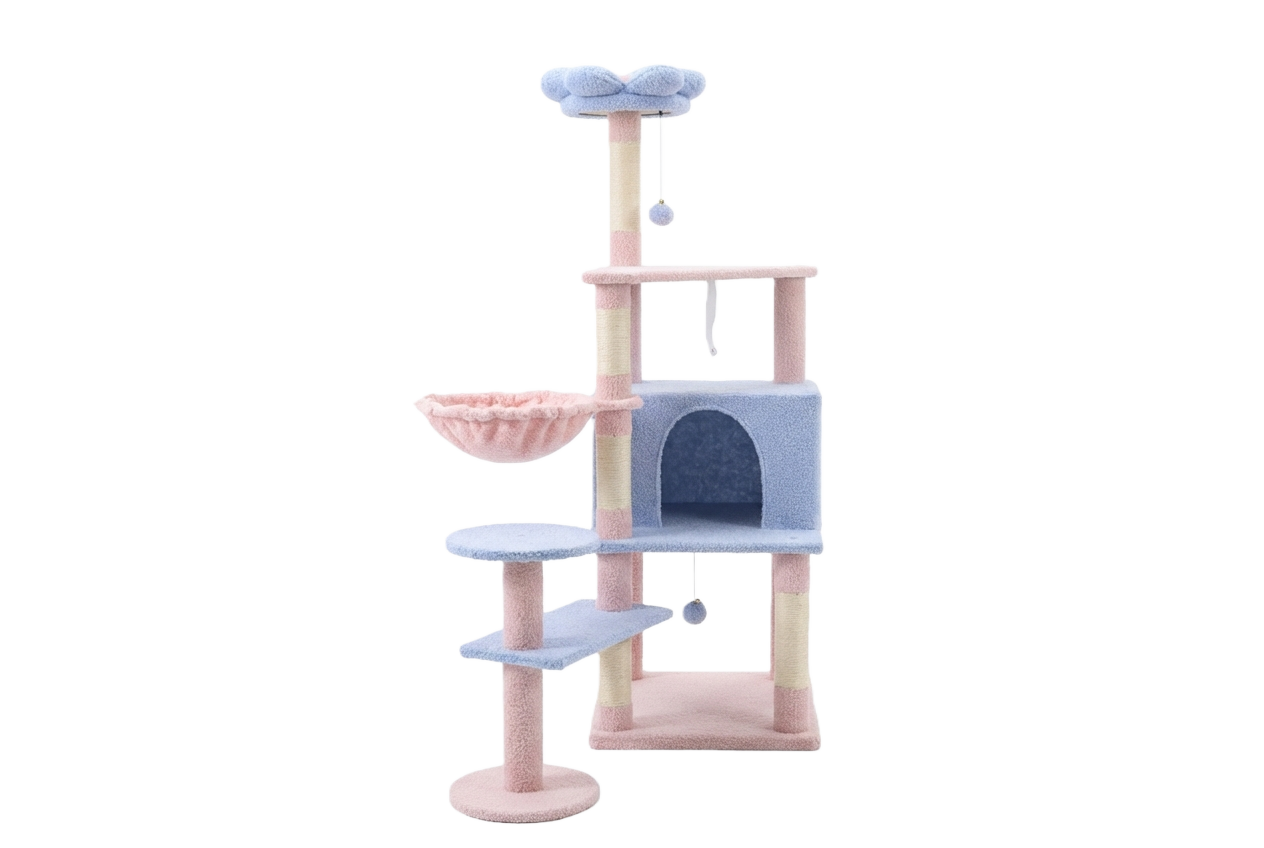 Arbre de chat fleur avec grand condo coussin de fleur amovible et hamac bleu