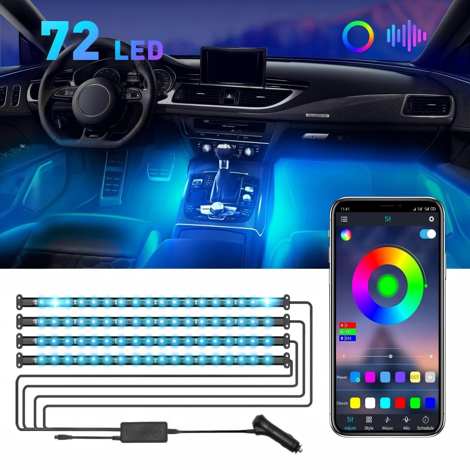 4-Piece 72 LED Auto Footwell Atmosphere Light Strips avec Music Sync Sound Activation & App