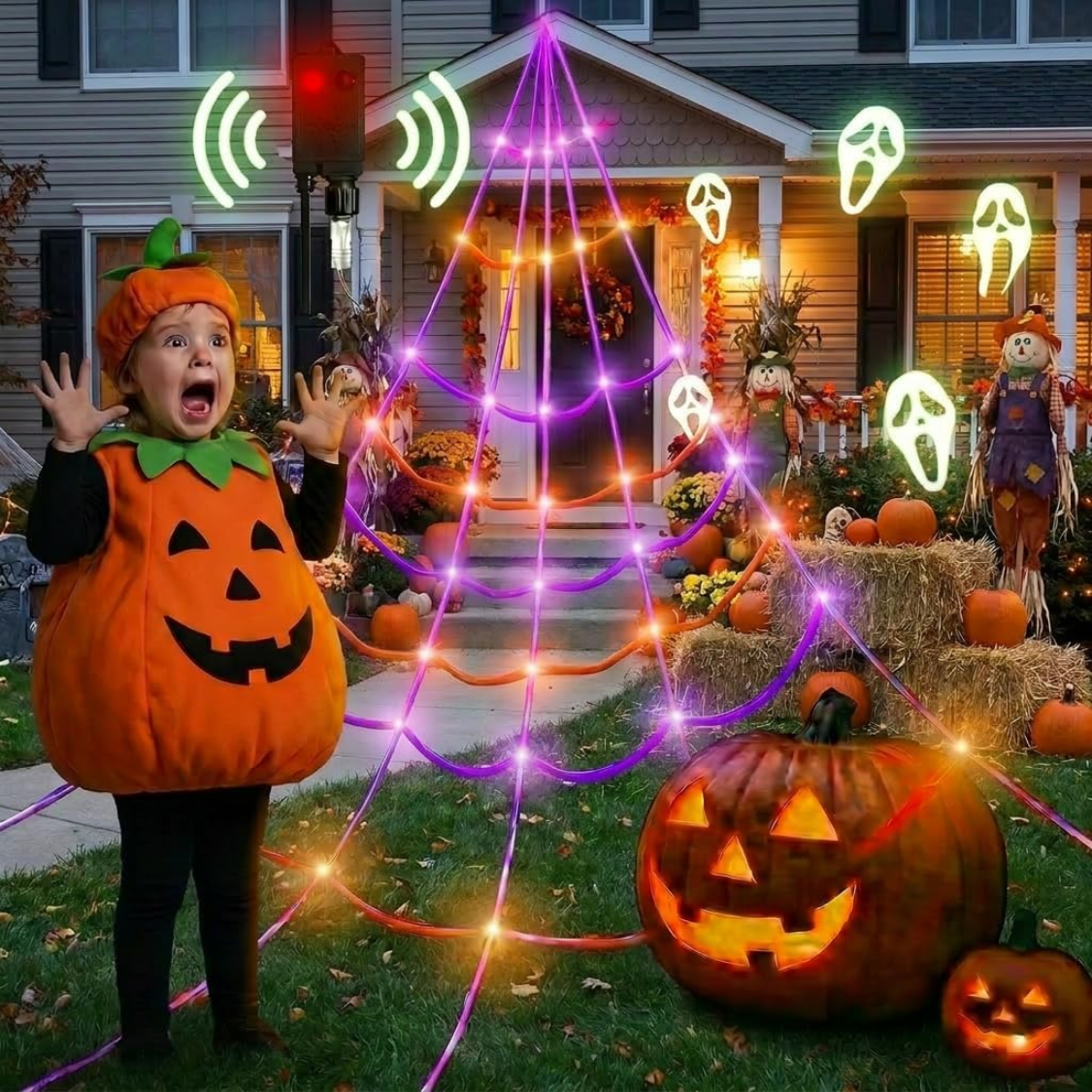 Halloween Lighted Spider Web avec 150 lumières LED Motion activée en plein air
