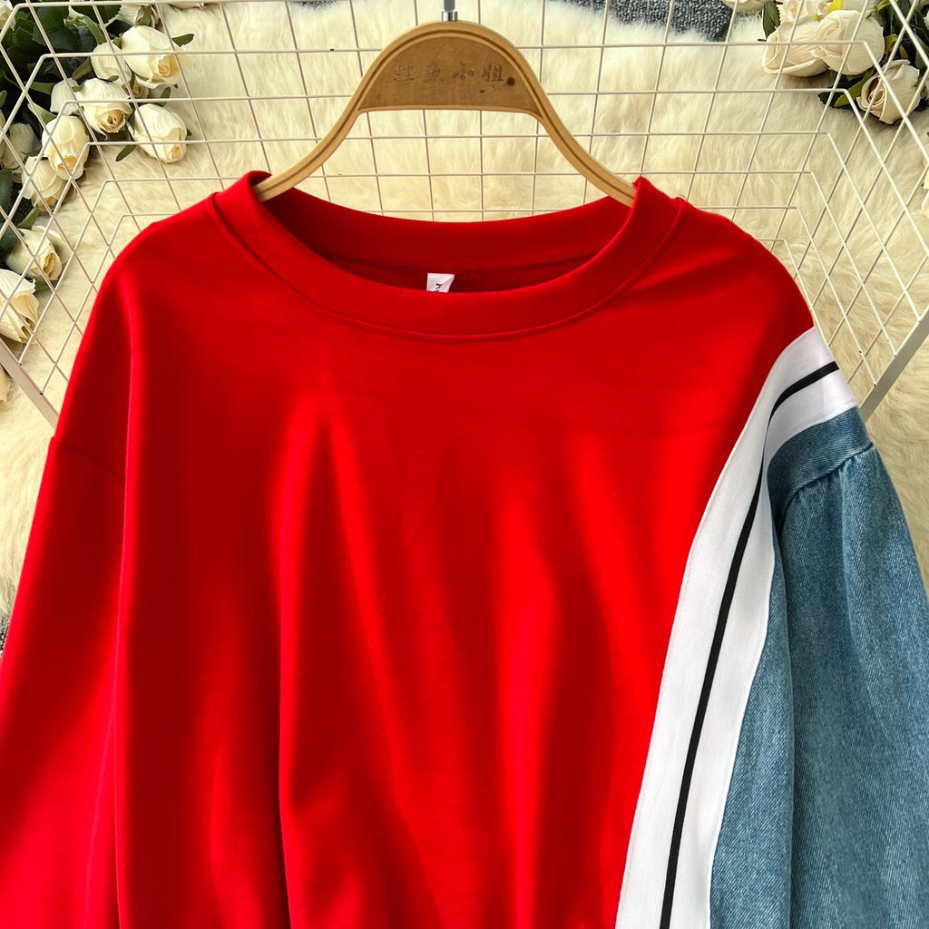 Color-block Hoodie High-Wisted Denim Patchwork Pantalons à large jambe Ensemble de deux pièces