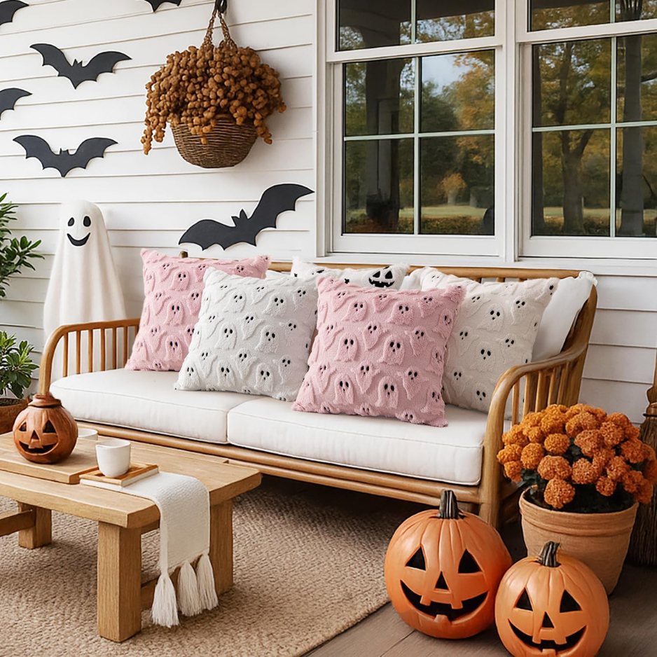 Blanc mignon fantôme Halloween housses oreiller 18x18 Ensemble de 2 Spooky Esthétique Coussin Cov
