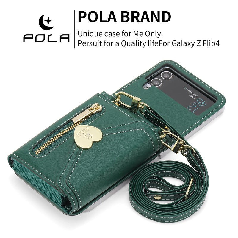 Étui en cuir pliant Coeur en métal Étui téléphone zippé de grande capacité