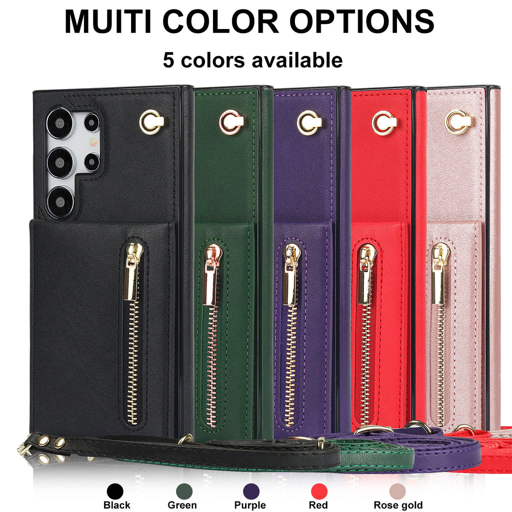 Card Crossbody Zipper Coque de téléphone en cuir