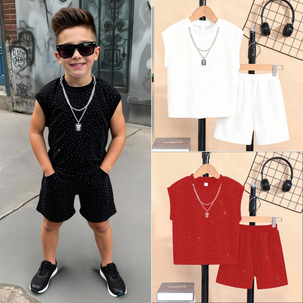 Été tendance Veste sans manches Garçons' Outfit with Starry Sky and Sparkling Strass