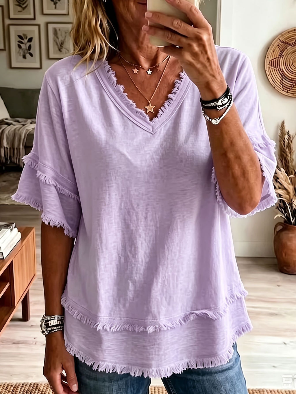 Chemise casual femme V-Neck manches courtes Loose Fit Pure Color Summer Fashion Pullove
