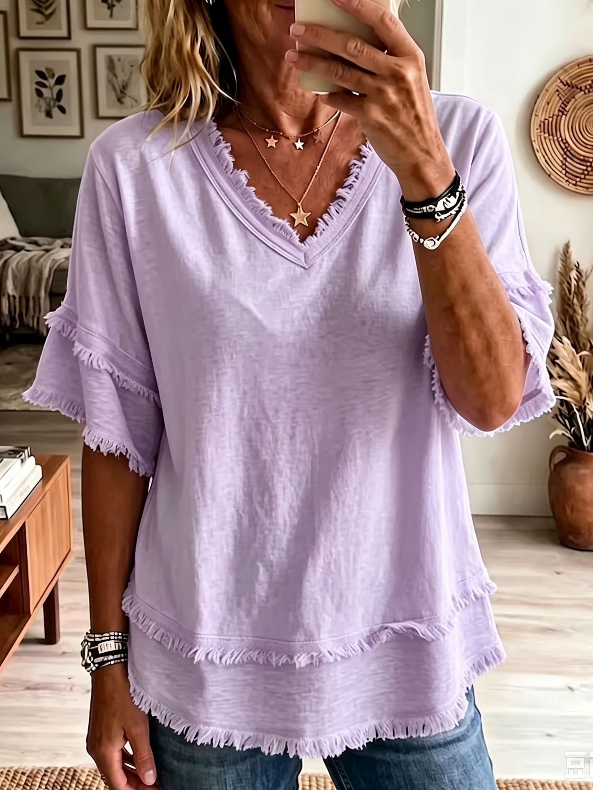 Chemise casual femme V-Neck manches courtes Loose Fit Pure Color Summer Fashion Pullove