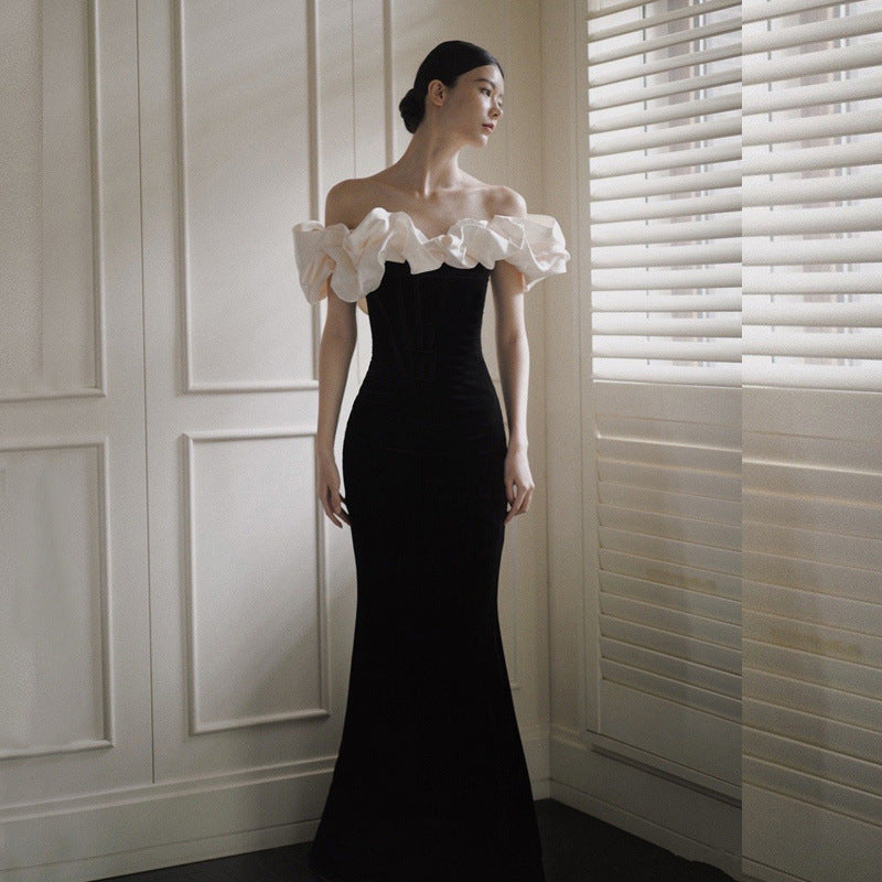 Robe de soirée satinée française Robe de bienvenue en queue de poisson élégante