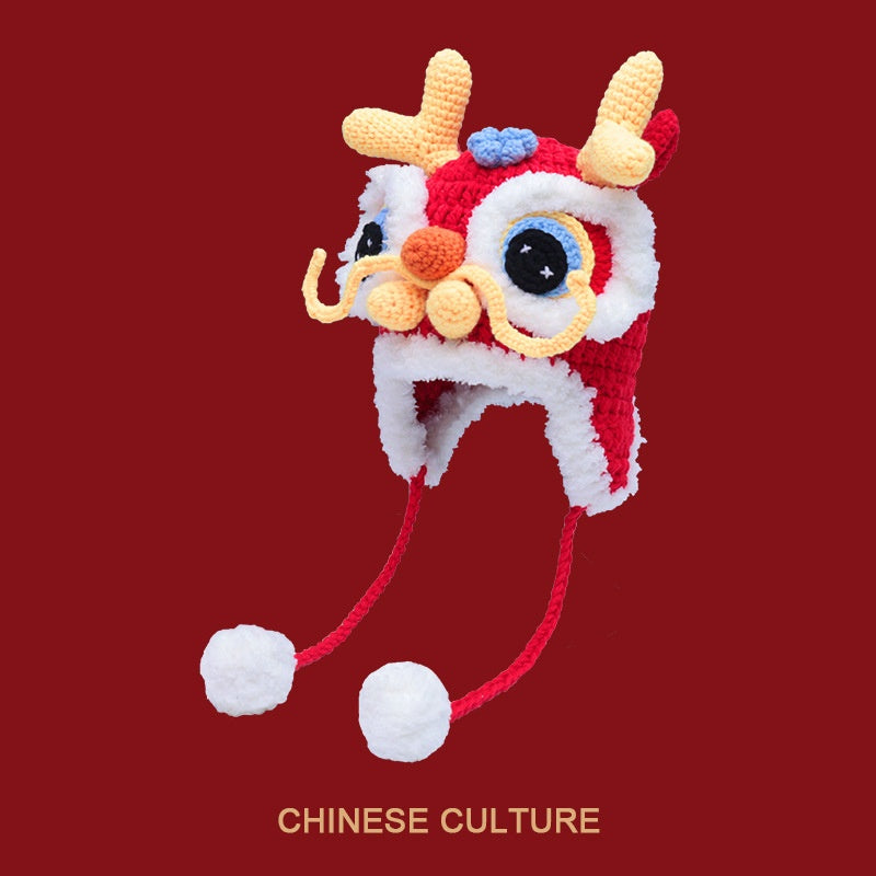 Dragon Année Chapeau rouge chinois tricoté Tigre Tête Chapeau bébé chinois Année célébration Joyous Xi