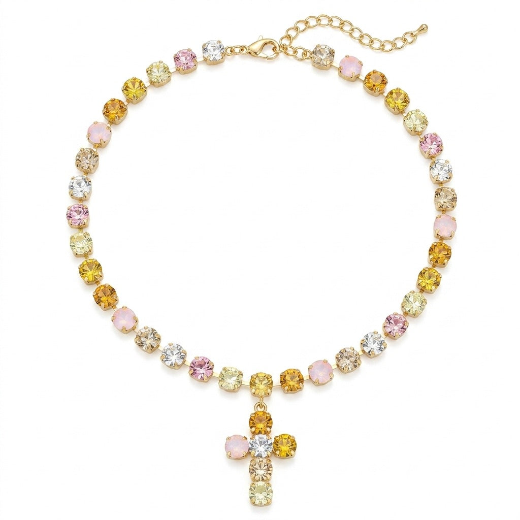 European and American Gemstone-Inlaid Multicolor Layered Mode Tassel Cross Collier Wit