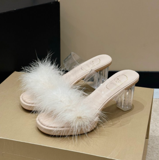 Femmes Furry Diapositive Sandales Outdoor Wear Fairy Style One Strap Crystal Block Talon Français Hig
