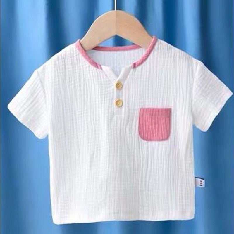T-shirt en coton à moitié manches respirant et en lin pour enfants