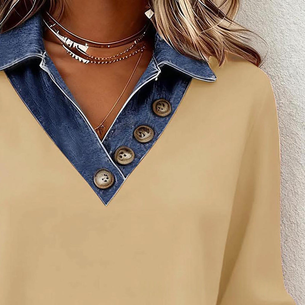 Top casual tricoté à manches longues avec un col V denim