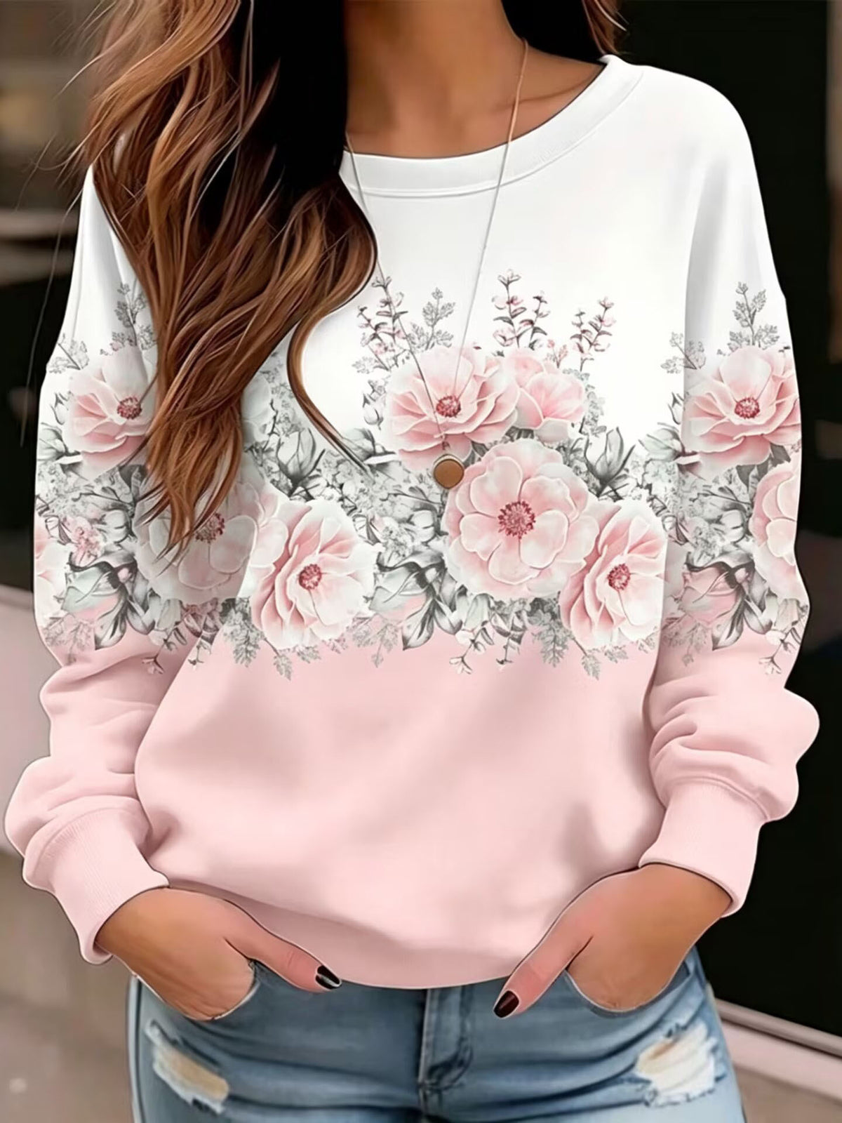 Sweatshirt imprimé floral à col rond pour femme