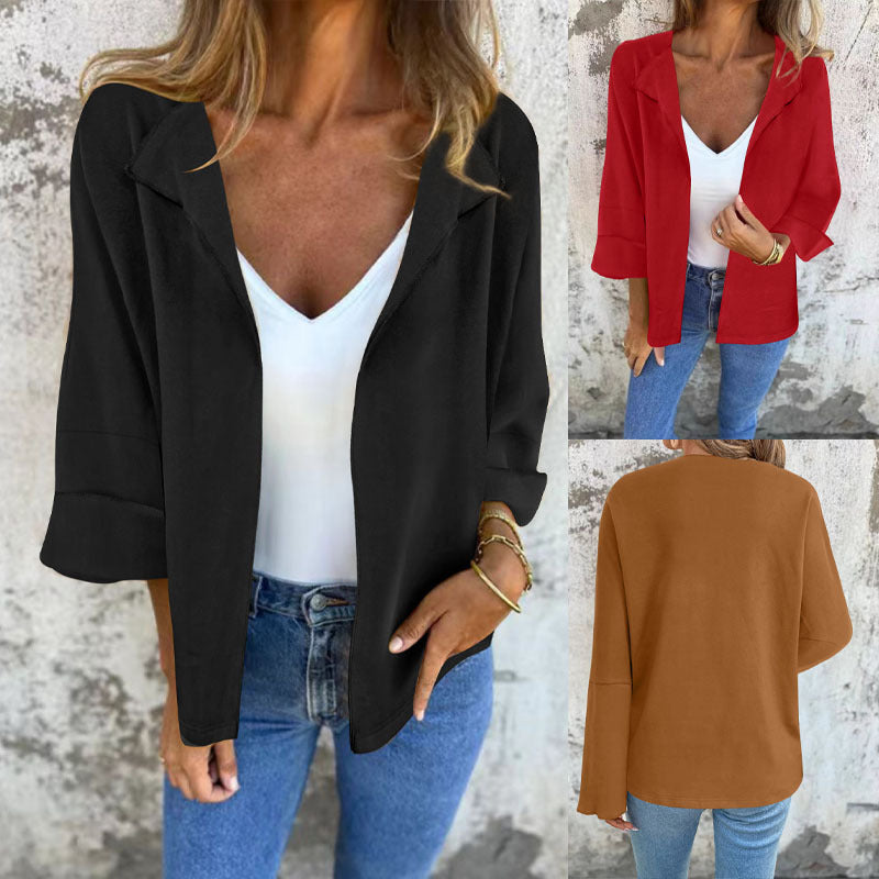 Femmes Ouvert Avant Blazer Veste Lapel Collar 3 4 Manches Casual Loose Solid Couleur Carte courte