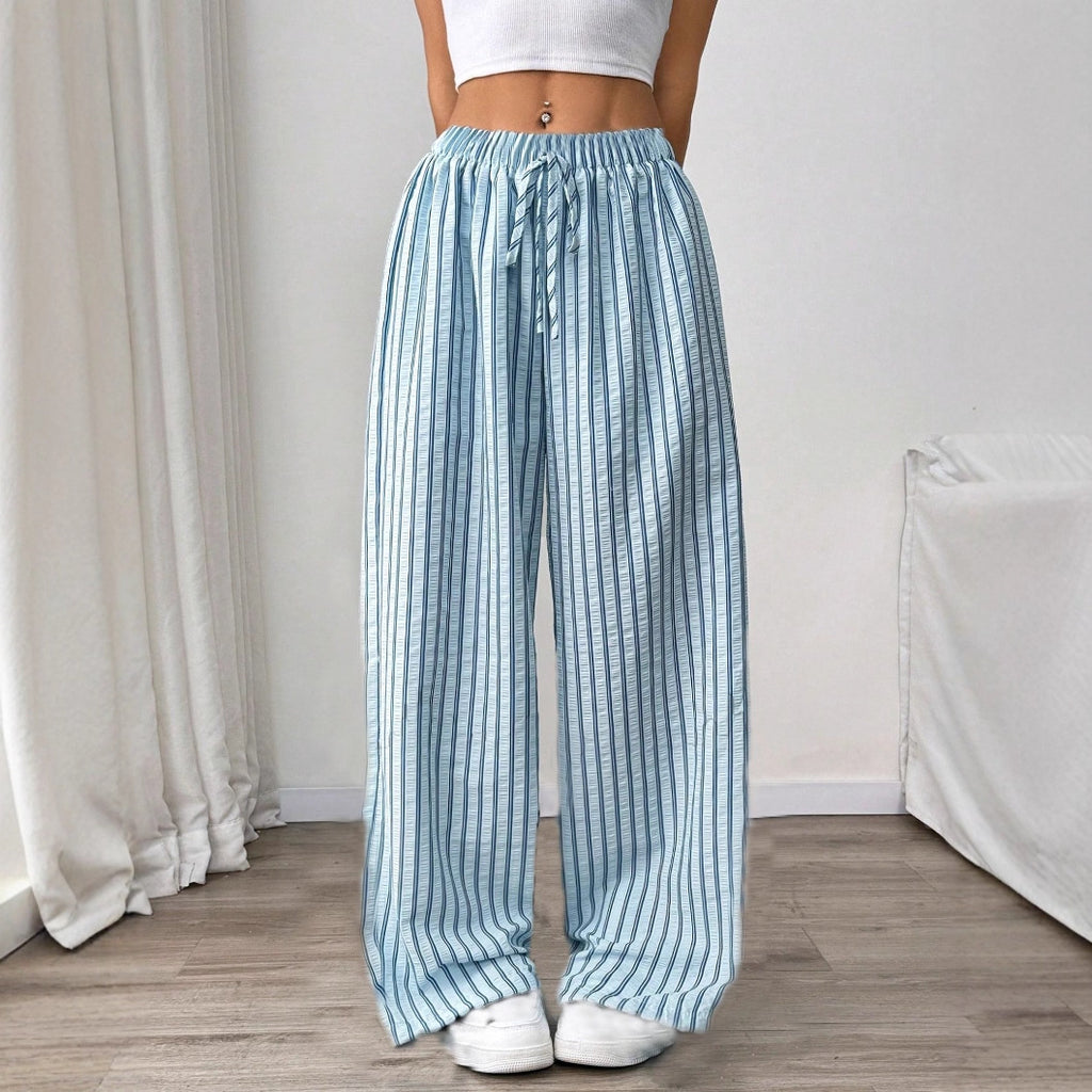 Femmes Haute taille rayée large pantalons de jambe élastique cordon de serrage libre ajustement Casual droit long