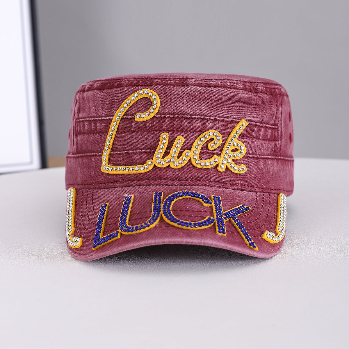 L'été pour hommes Solide-colore Strass-broidered Lettre LUCK Protège-soleil retro lavé à l'eau