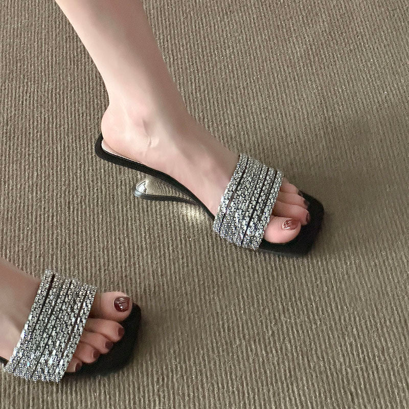 Femmes Strass Une Sangle Diapositive Sandales Outdoor Wear Summer Viral Magnifique Suede Elegant