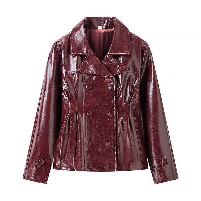 Brevet craqué Faux Cuir Double Breasted Short Blazer & High Waist Mini A-Line Jupe Tw