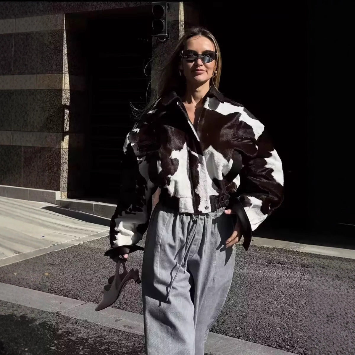 Veste sans capuche polyvalente à imprimé court de vache de style rue