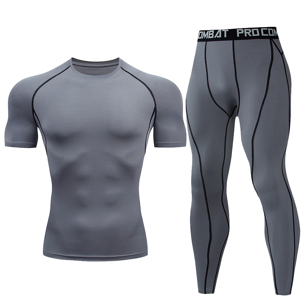 Hommes 2Pcs Fluorescent Green Compression Set Quick Dry Short Sleeve Tight chemise longue legging