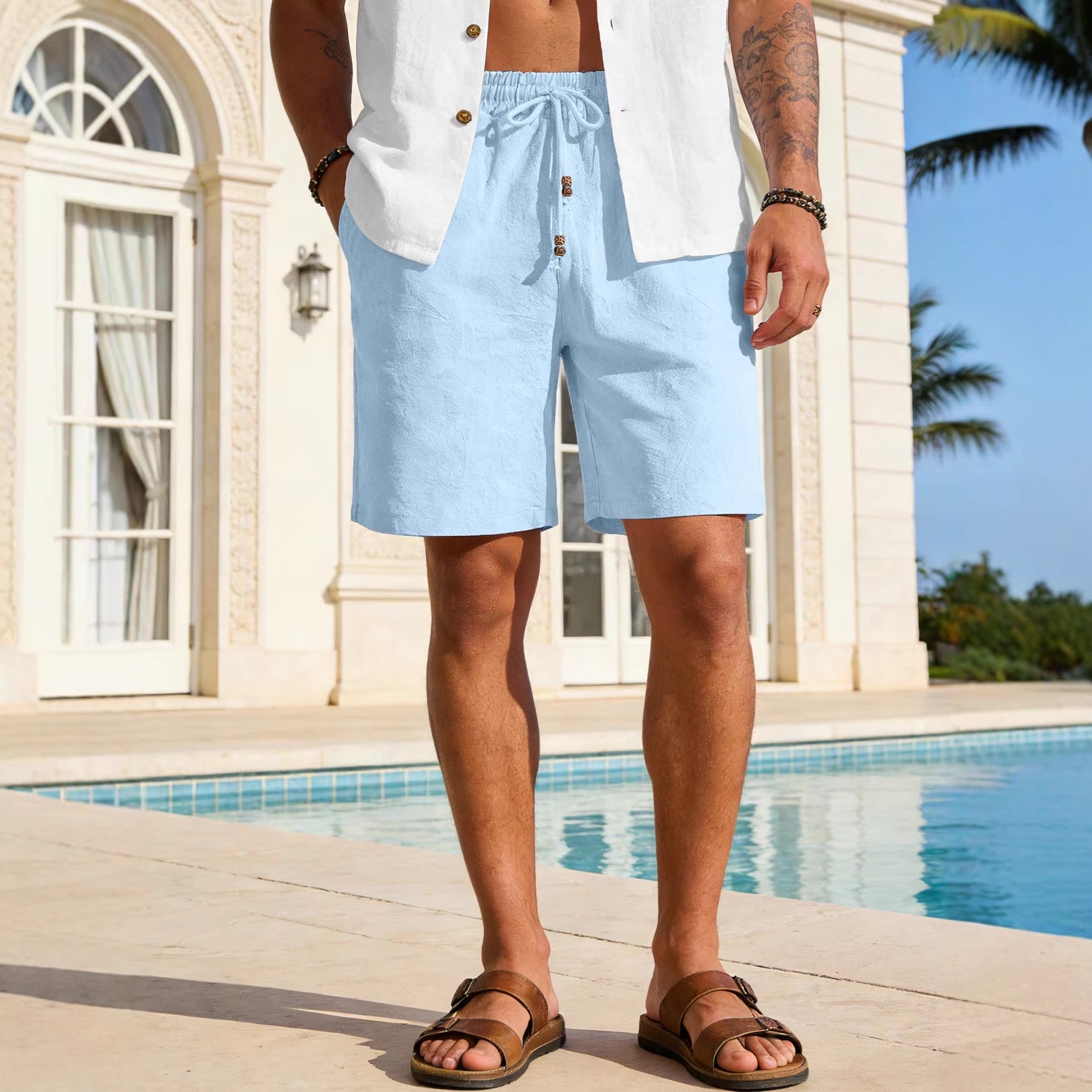 Style d'été homme couleur solide coton et lin Short