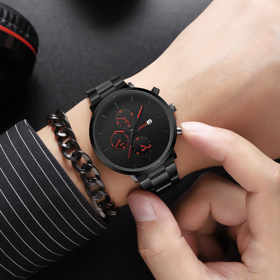 Tendance simple à trois yeux Calendrier Alloy Band Quartz Montre