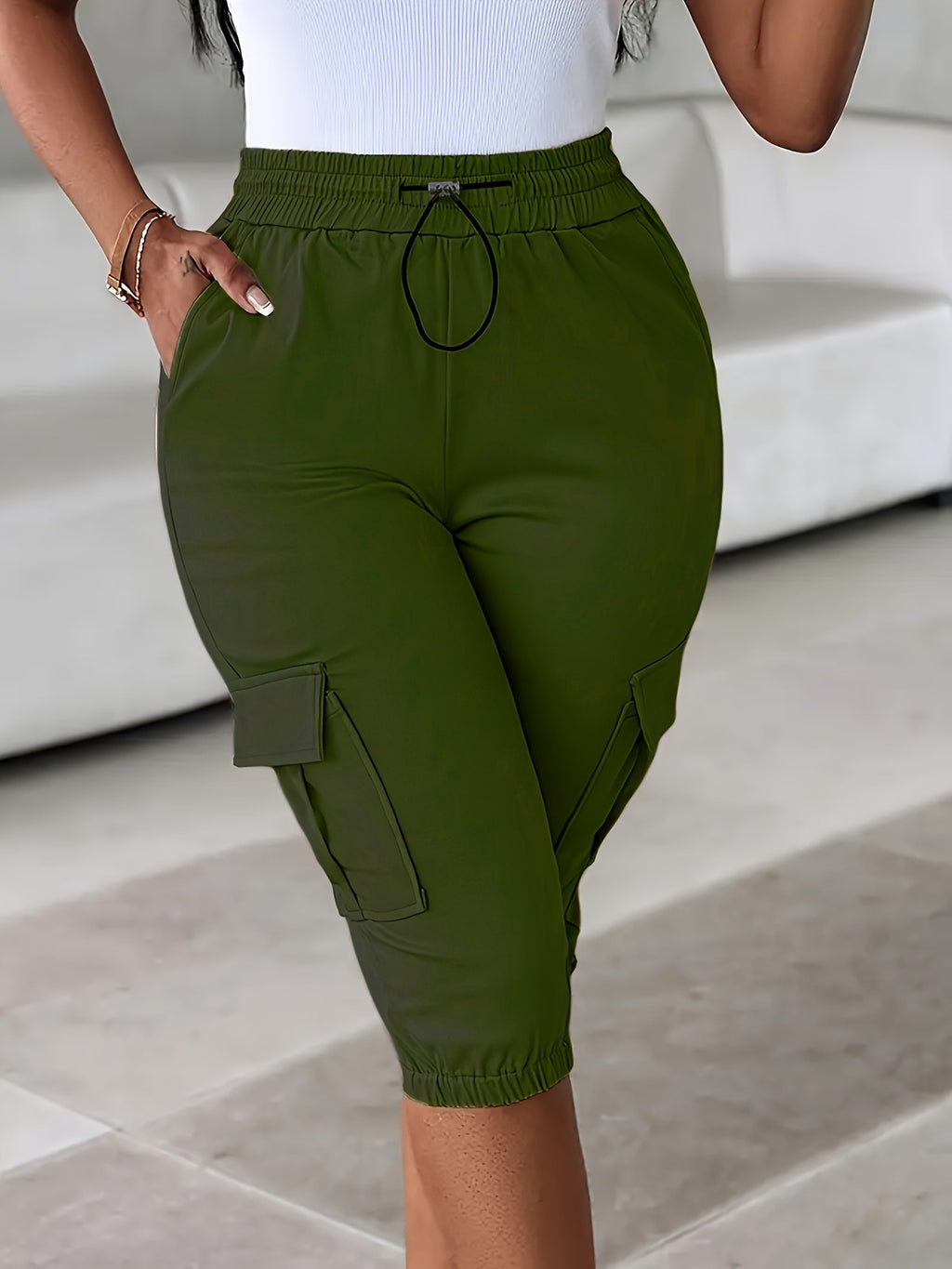 Style élastique taille Slim-Fitting Casual élastique tour de taille avec plusieurs poches