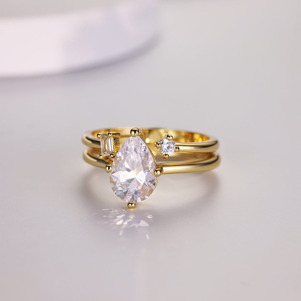 S925 Argent plaqué or 7x10mm Poire Moissanite Bague Set Open Band D Couleur VVS1 US Taille 6-9