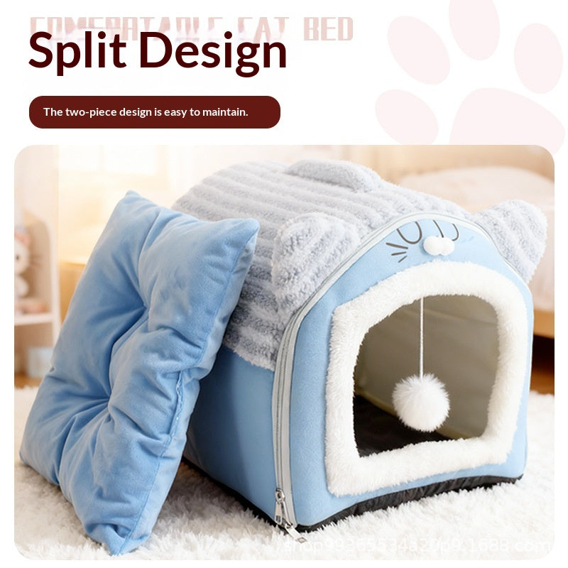 Warm, removable, washable plush pet bed with full enclosure